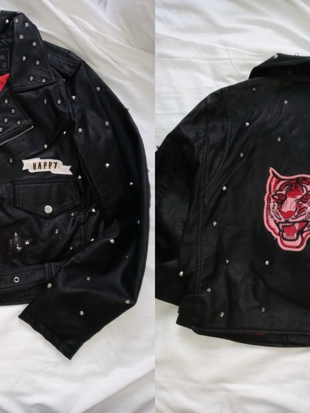 Cisono Women’s Black Studded Leather Jacket with Pink Tiger Patch